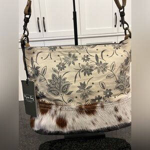 Myra Floral Patterned Shoulder Bag with Cow Hide Accent